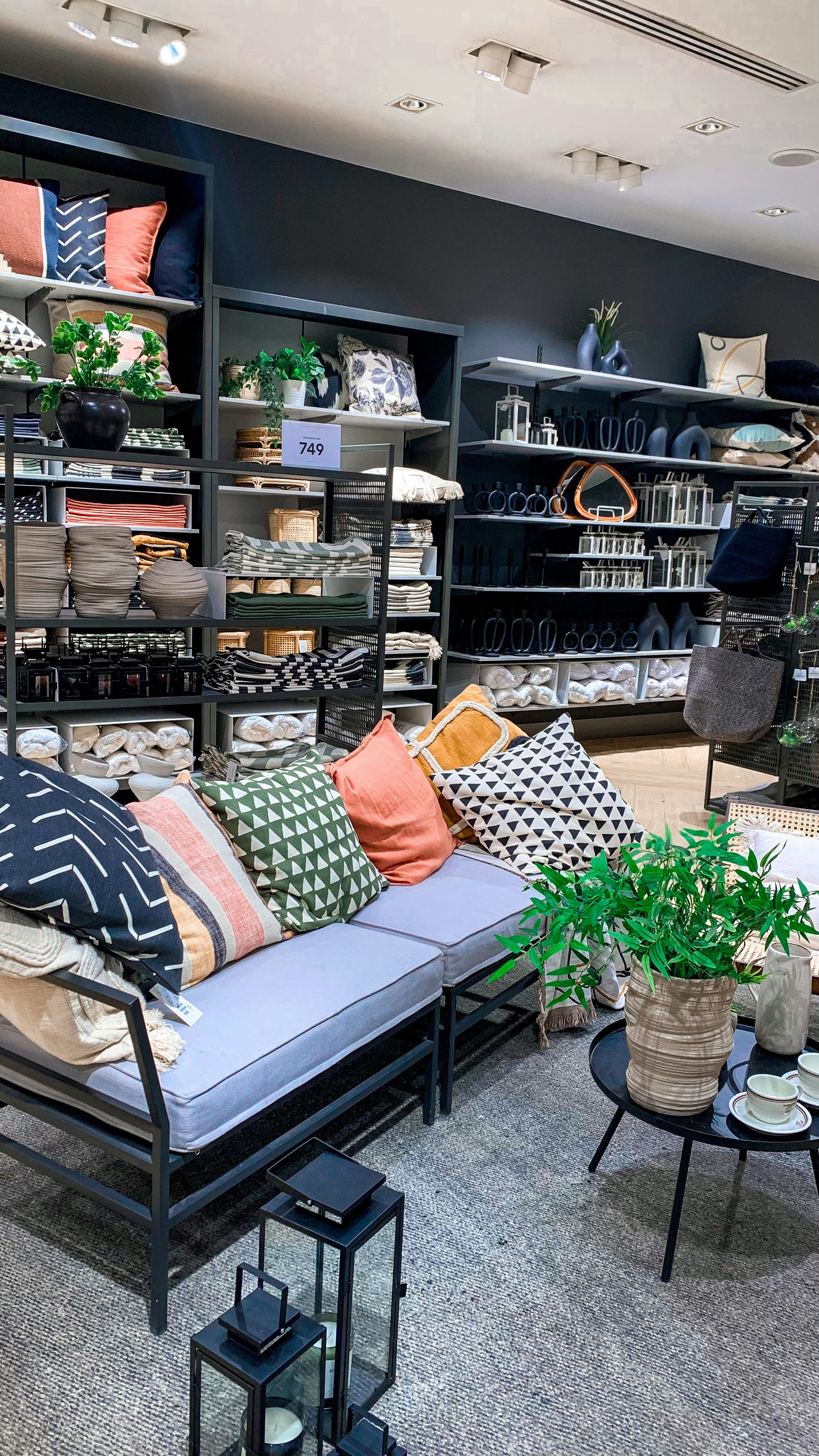 a room with a couch and shelves with plants