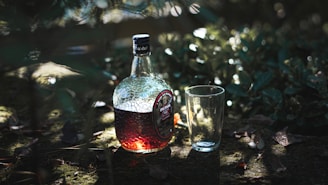a bottle of alcohol and a glass of water on a table