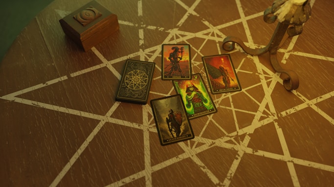 A wooden table covered with intricate white geometric patterns and holding several colorful tarot cards depicting various figures and symbols. There is also a wooden box on the table and a base of a metal decorative object.