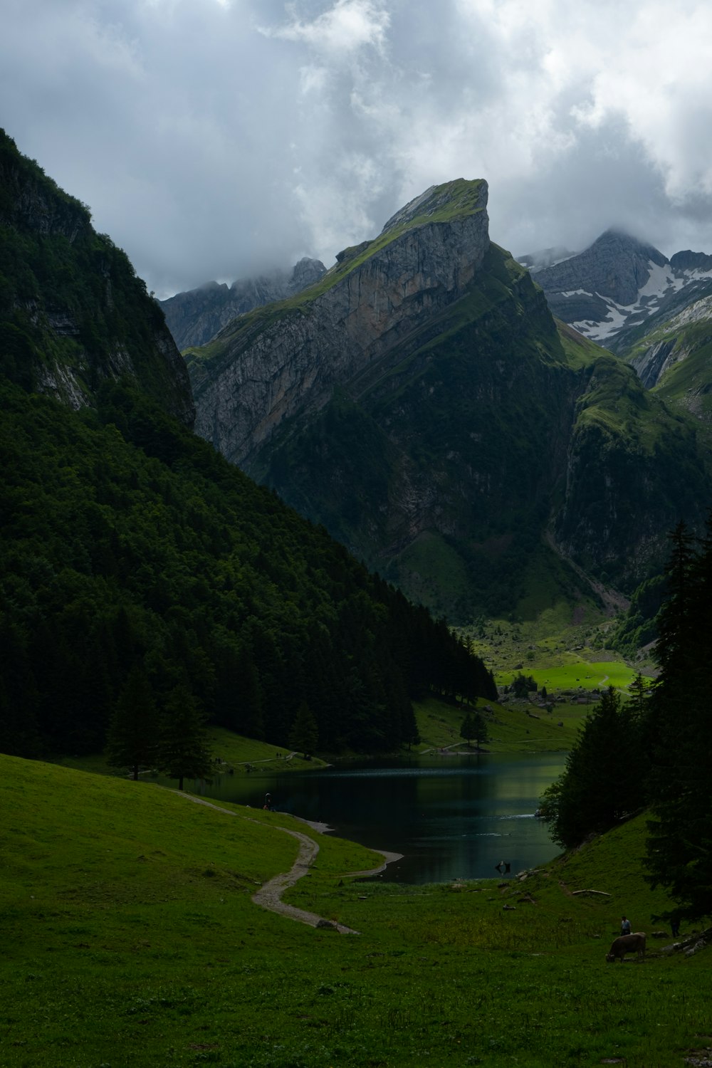 a river running through a valley between mountains