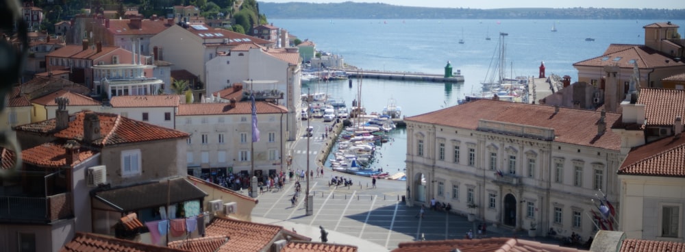 a city with a body of water in the background