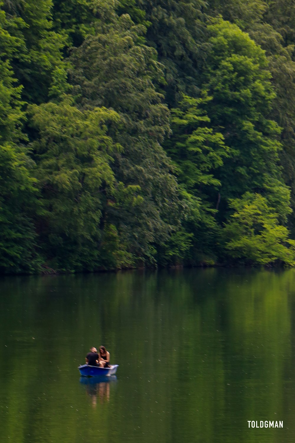 a couple people in a blue raft on a river surrounded by trees