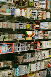 a shelf with many mugs on it