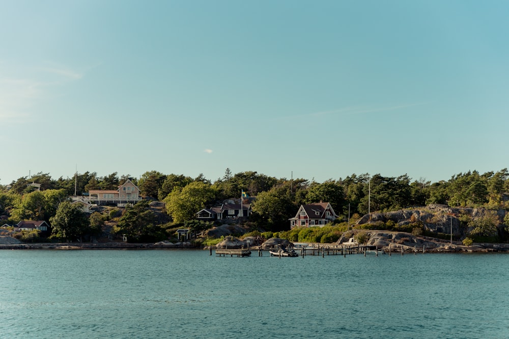 a body of water with houses and trees along it