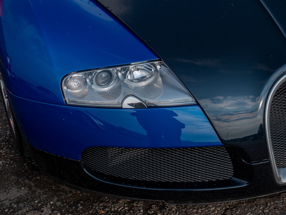 the front of a blue car