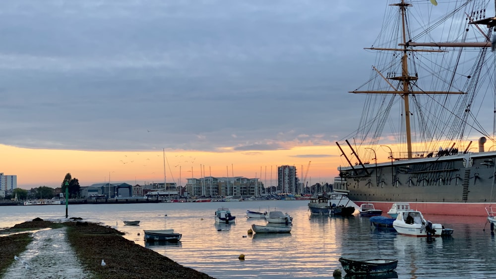 a group of boats in a harbor