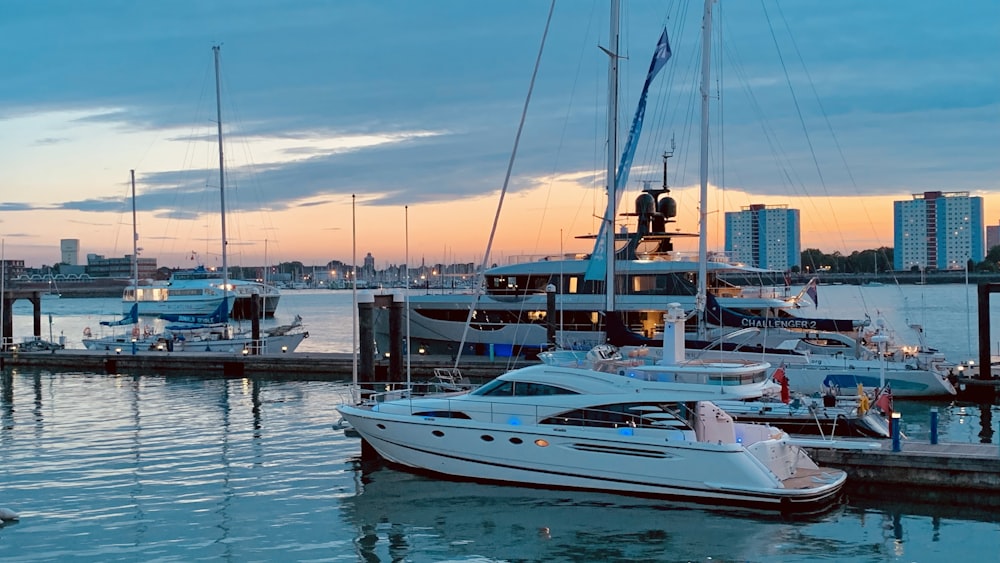 a group of boats sit in a harbor