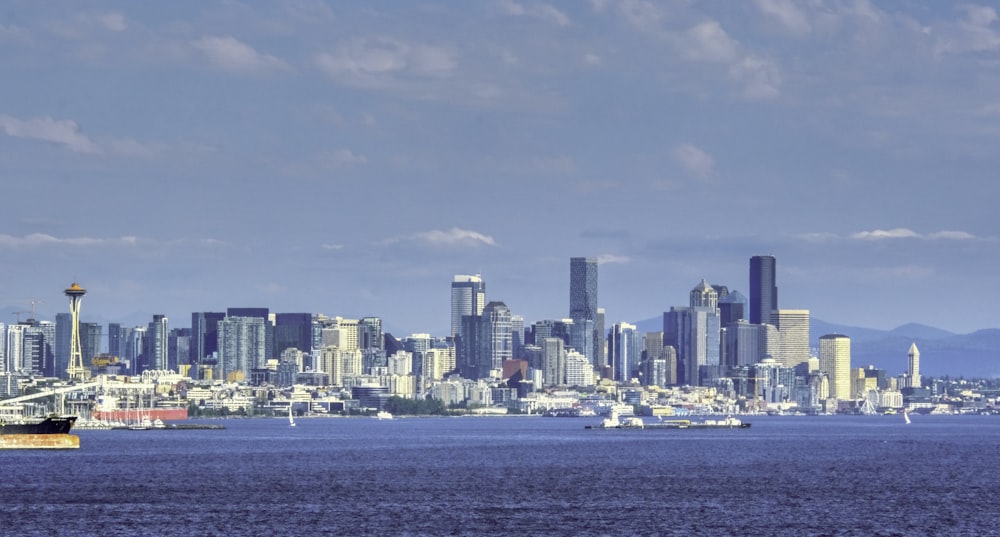 a city skyline with a body of water in the foreground