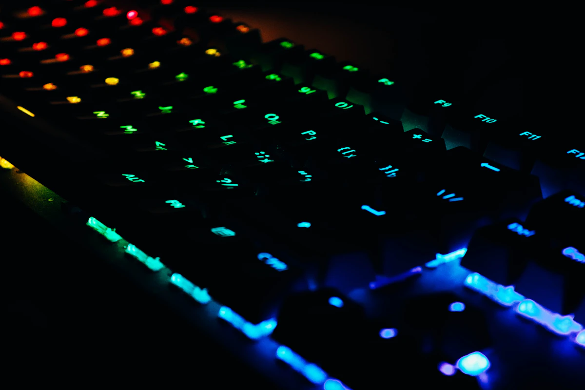 Real illuminated gaming keyboard photographed at close range