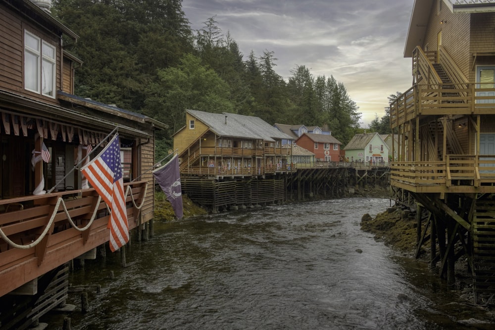 a river with houses along it