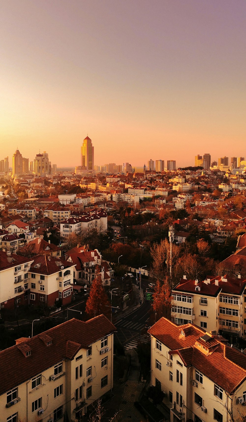 a city with buildings and a tower in the distance