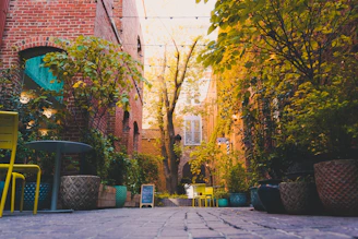 a brick building with trees and chairs