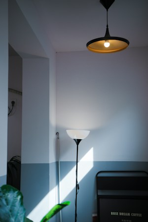 A minimalistic interior featuring a hanging pendant light and a floor lamp with a curved shade. Light from a window creates a diagonal beam on the wall, enhancing the soft contrast between the pale blue and white color scheme. A folding chair and some green foliage are partly visible, with a sign reading 'Rose Dream Coffee' at the bottom.