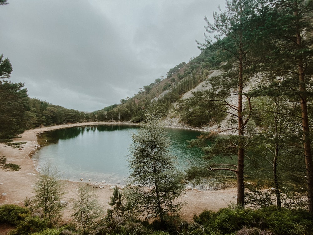 a lake surrounded by trees and hills