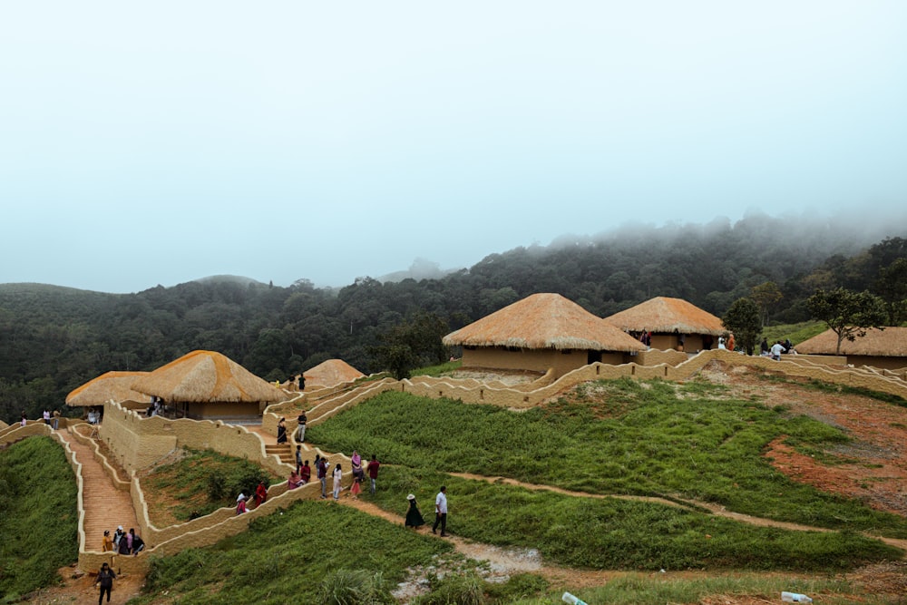 a group of people walking around a grass field with huts