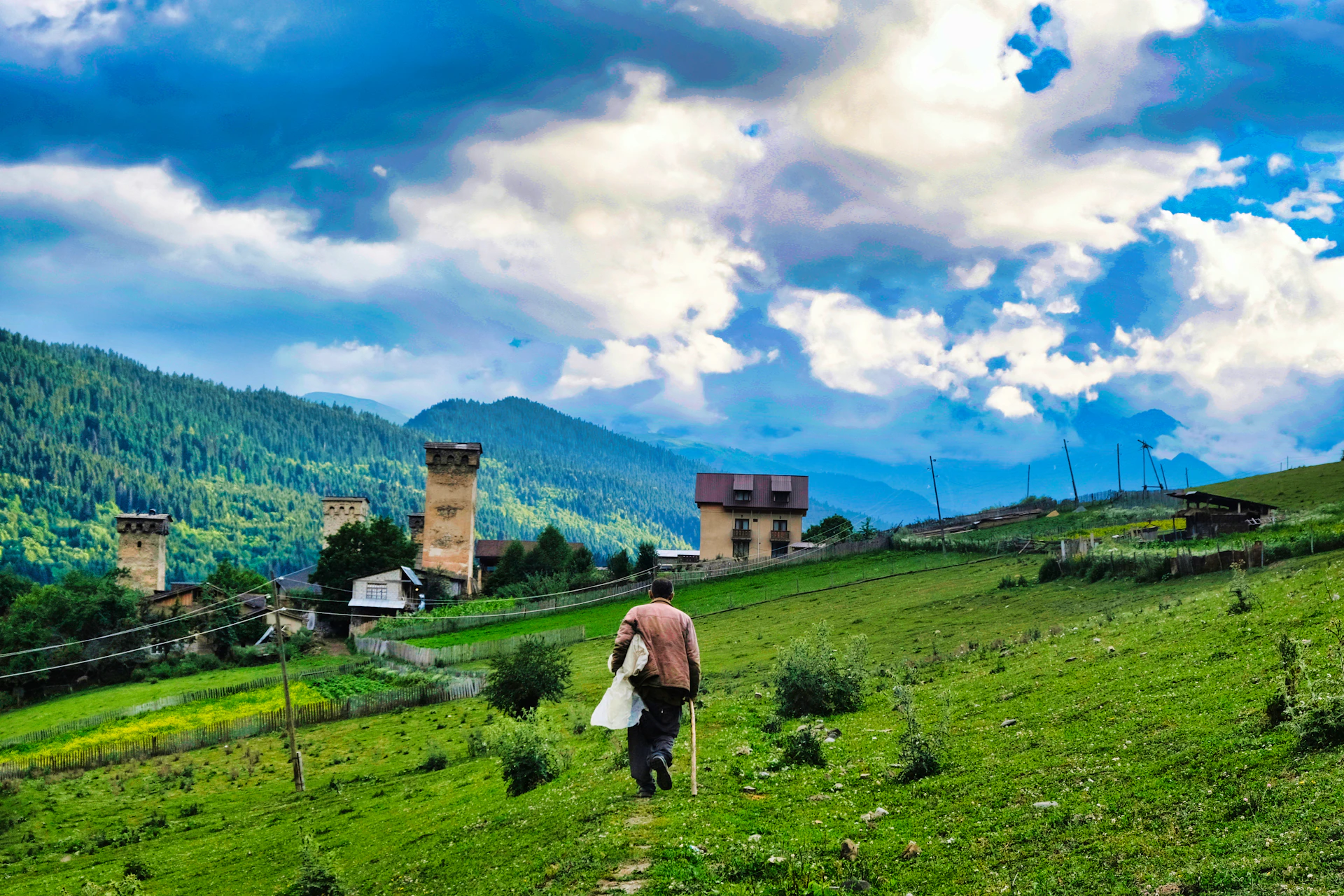 a person walking on a grassy hill