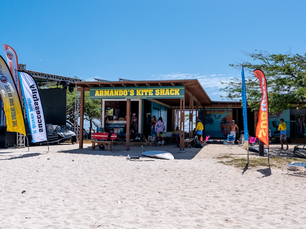 a beach with a small building