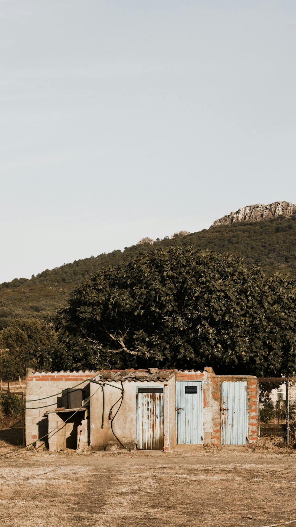 a group of sheds in front of a hill with trees