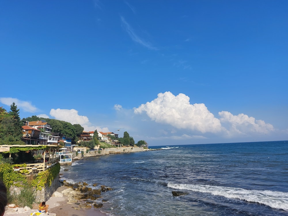 a beach with houses along it