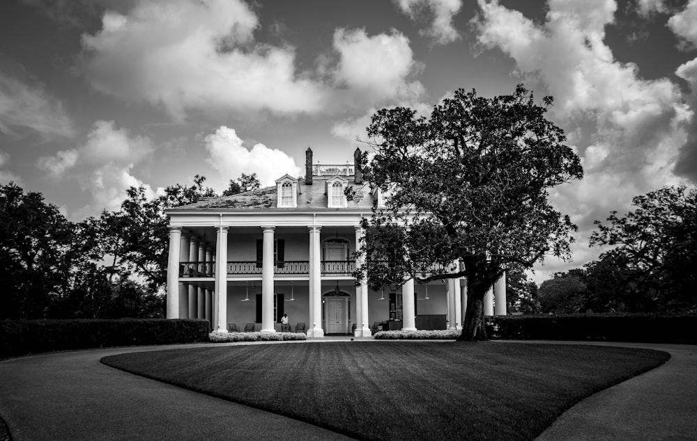 a large building with columns and a tree in front of it