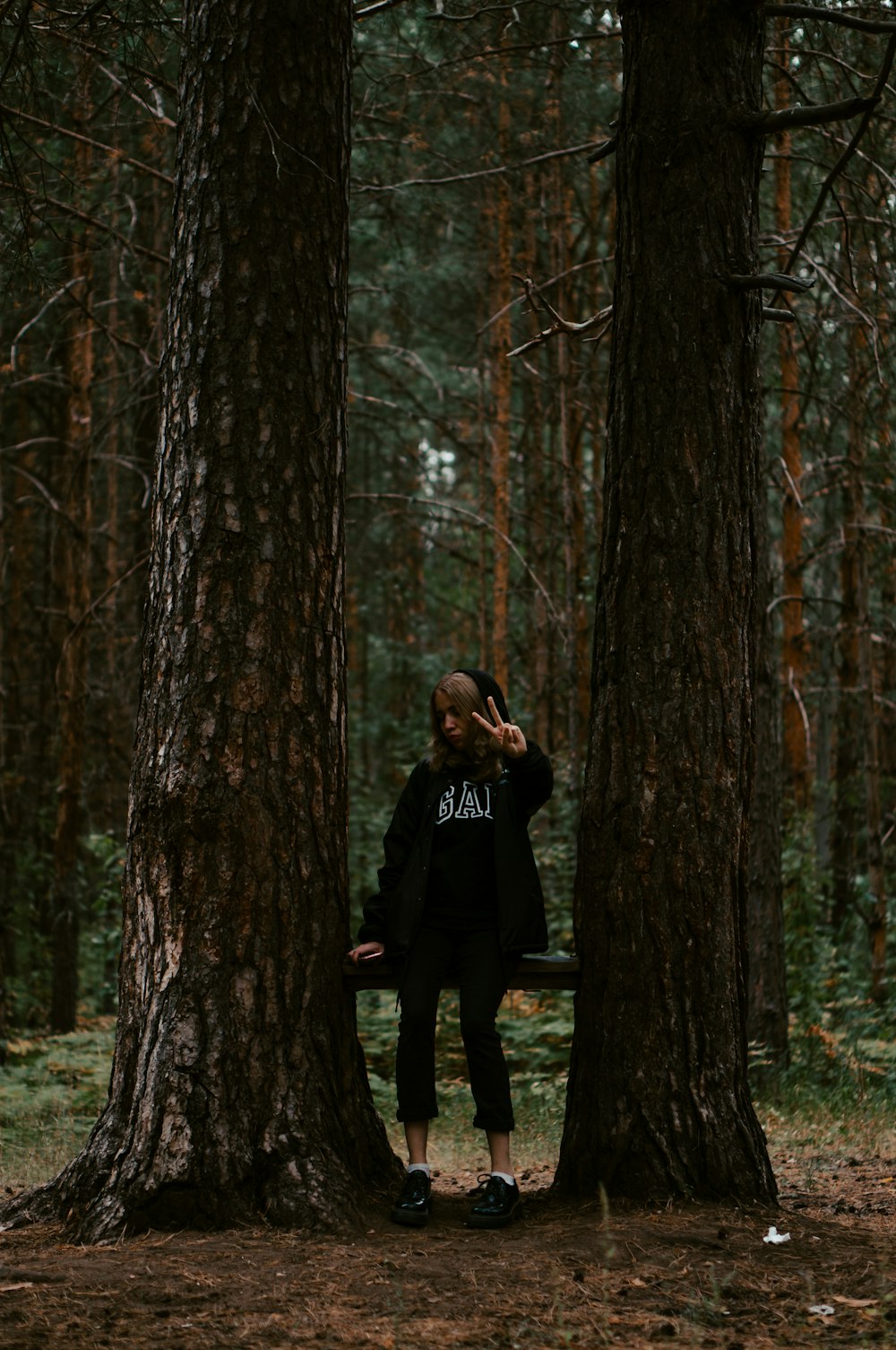 una persona in piedi accanto a un albero