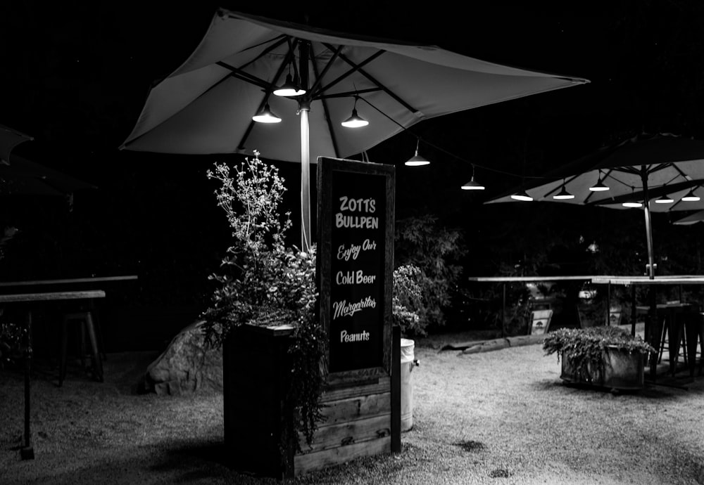 a sign under an umbrella