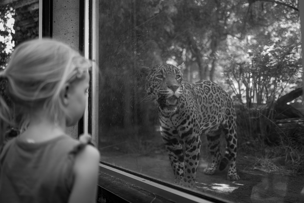a woman looking at a tiger