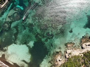 An aerial view of a coastal area with clear turquoise waters and rocky outcrops. A small boat is seen navigating through the water, leaving a trail behind. The shoreline is dotted with large rocks and sparse vegetation.
