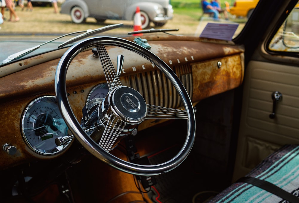 a car with a steering wheel and a steering wheel