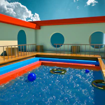 a pool with a blue ball in it