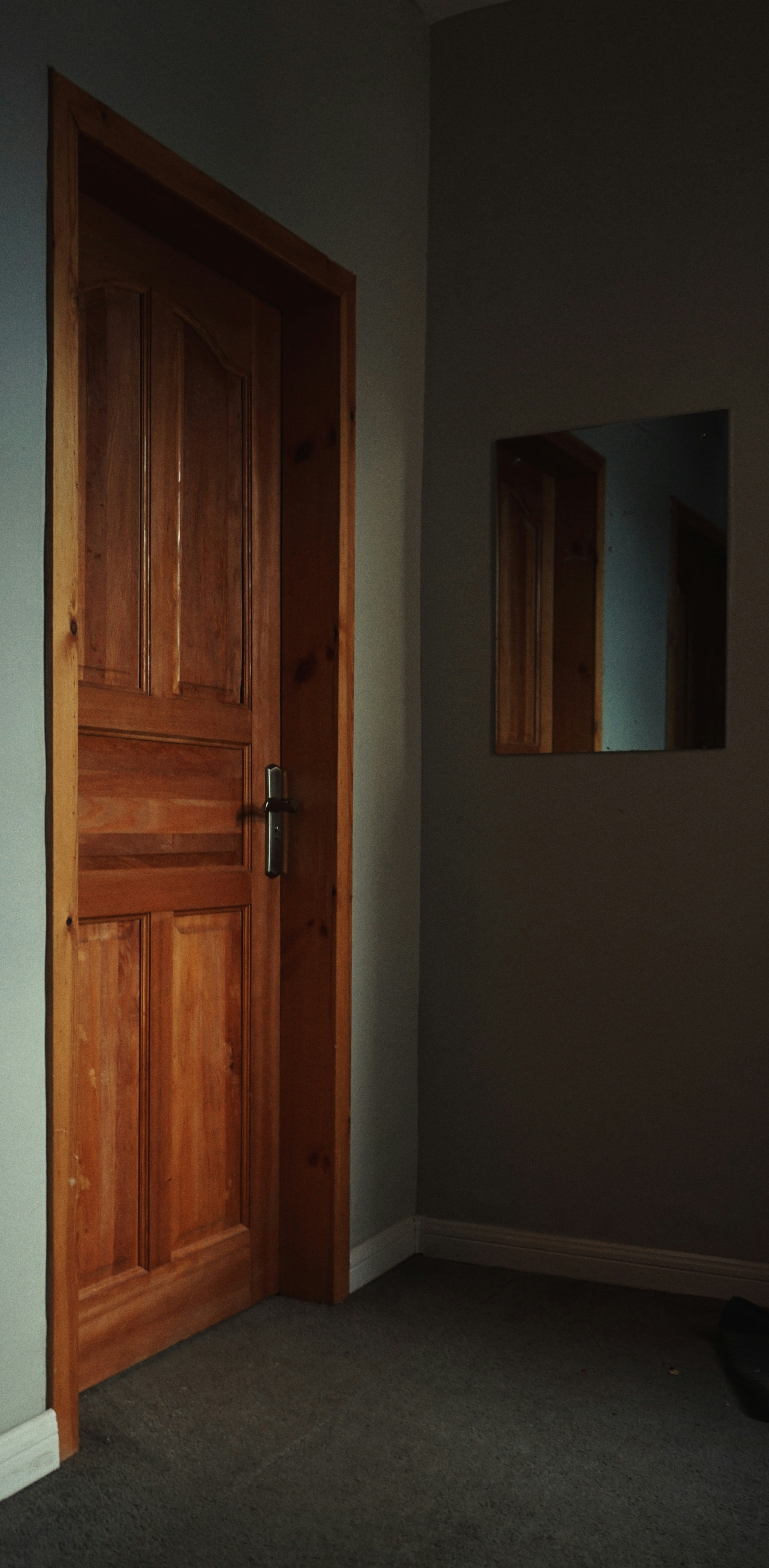 a wood door in a room