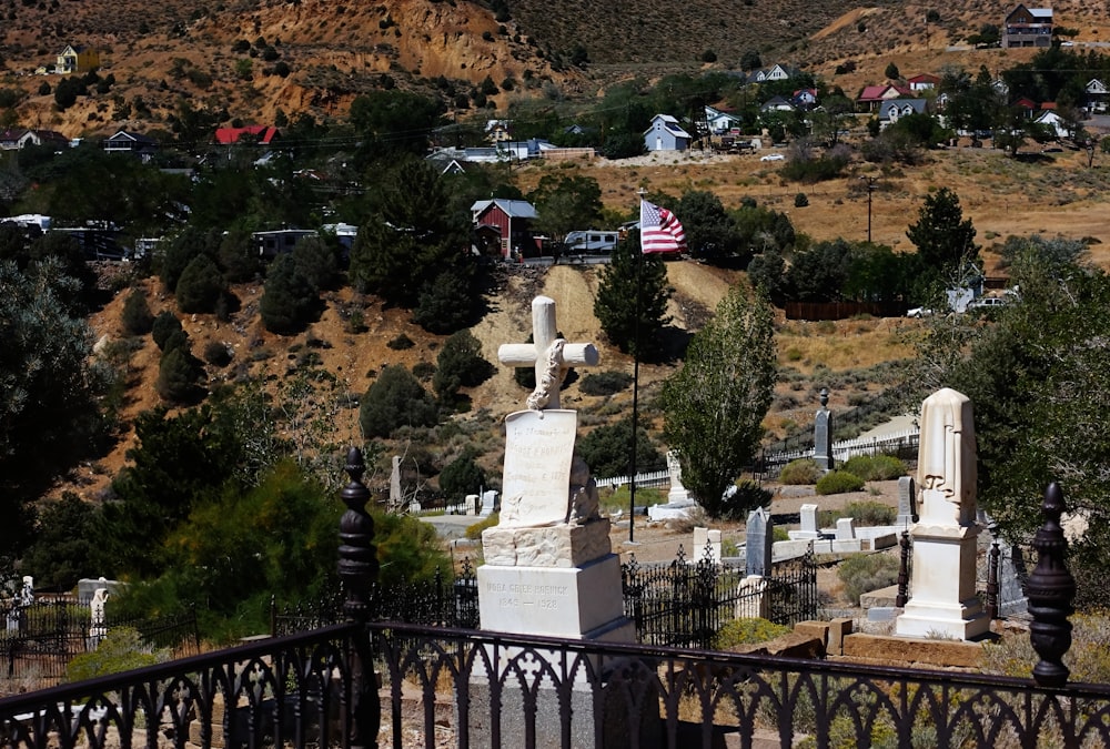 a cemetery with a flag