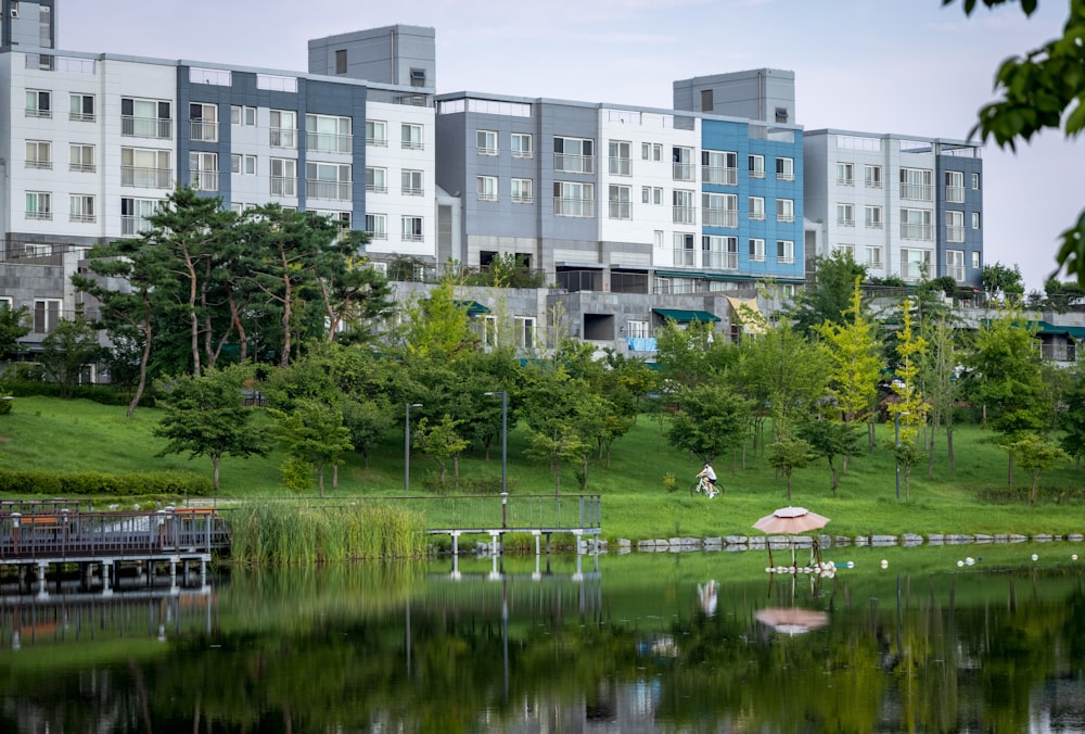 a body of water with buildings in the background