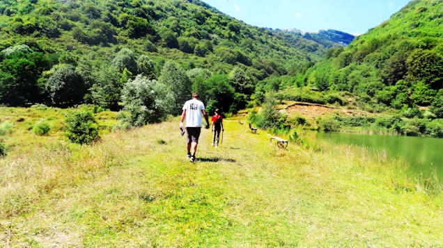 A serene landscape with lush green hills surrounding a calm lake. Two people are walking along a grassy pathway by the water, with benches placed intermittently along the path. Trees densely cover the hillside, under a bright blue sky with scattered clouds.
