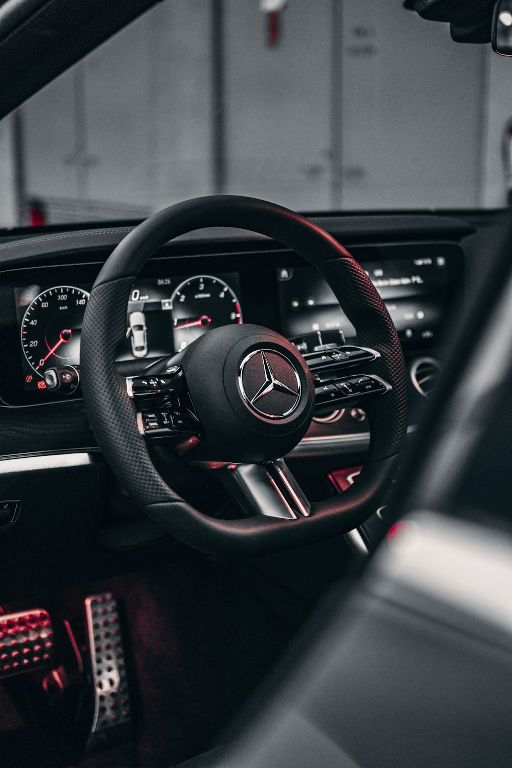 the steering wheel and dashboard of a car