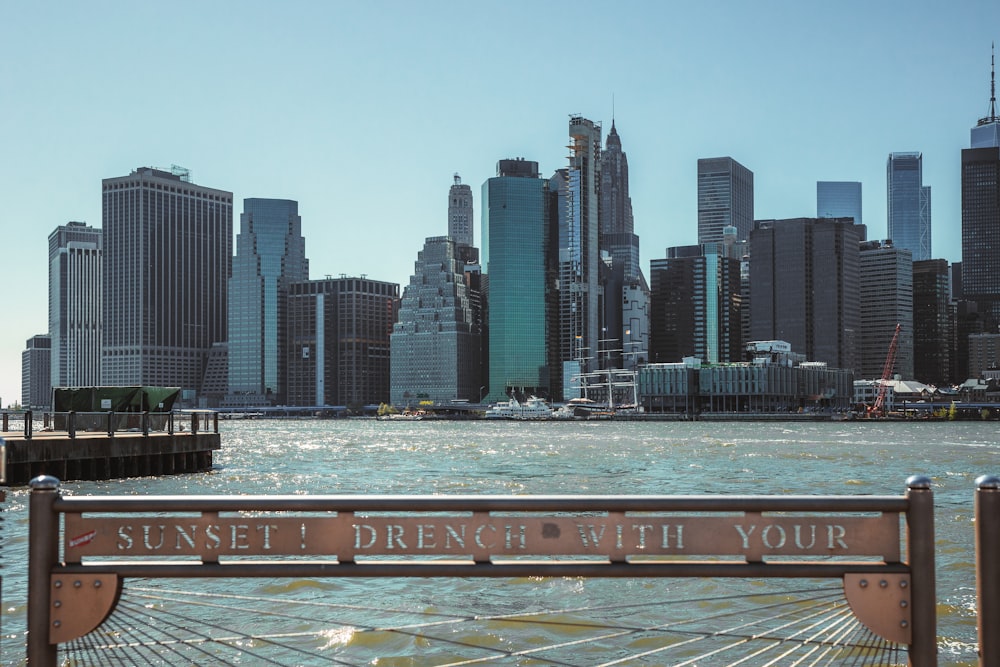 a city skyline with a river