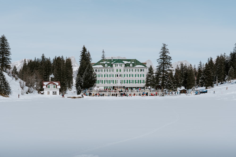 a building with a green roof surrounded by snow and trees