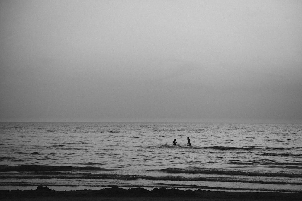 a couple of people stand in the ocean