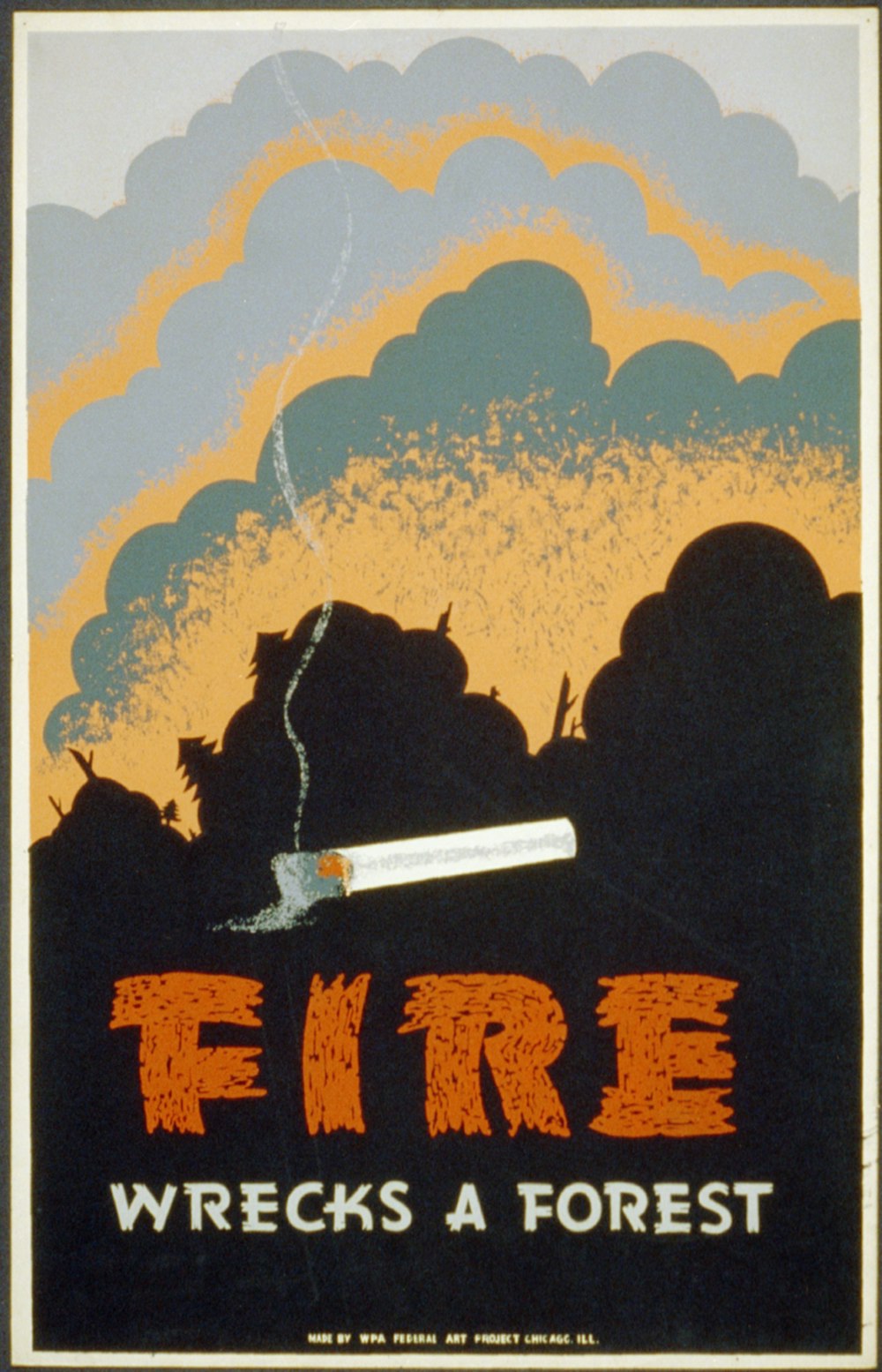 Cartel para la prevención de incendios forestales que muestra un cigarrillo encendido y un incendio forestal. 