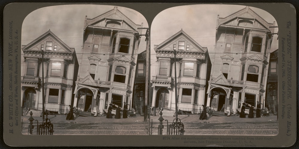 Stereo shows two Victorian houses that have fallen off of their foundations after the San Francisco earthquake in 1906.