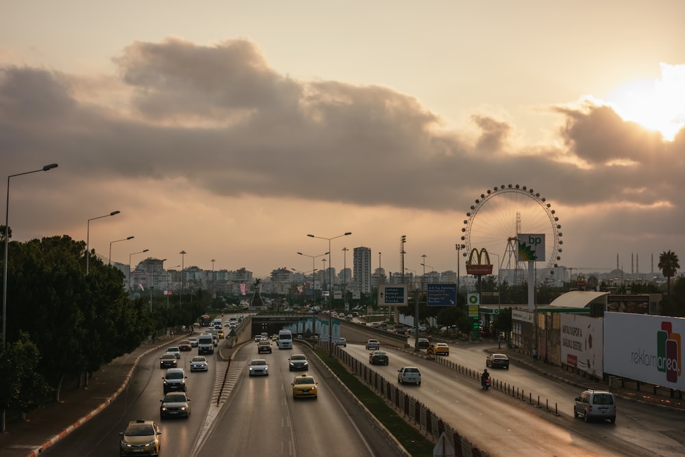 a busy highway with many cars