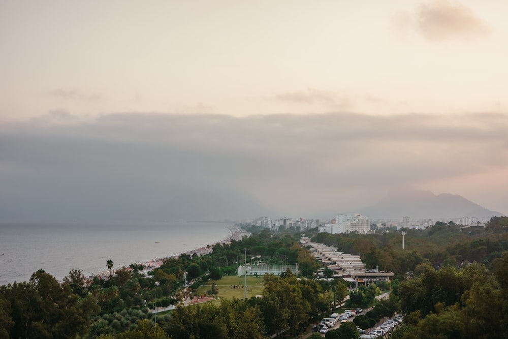 a city next to a body of water