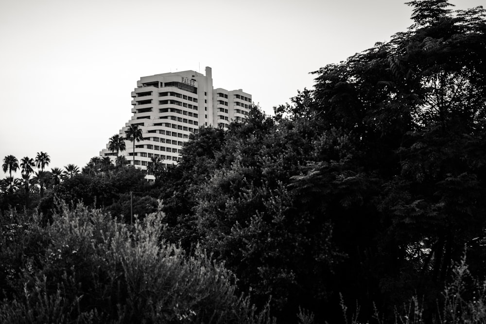 a building behind trees