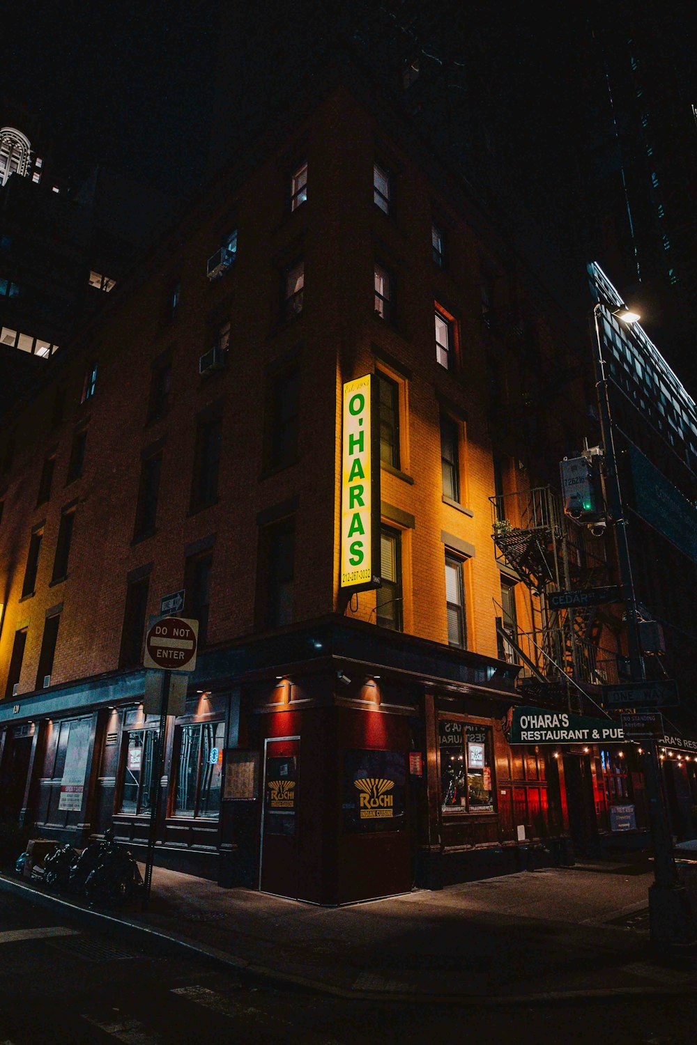a building with neon signs