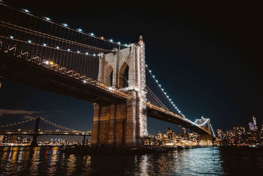Manhattan Bridge with lights at night