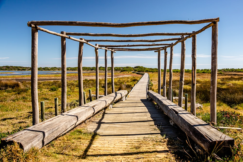 a wooden bridge over a grassy area