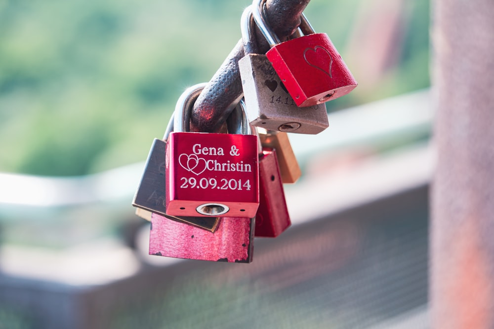 a key chain with a red tag