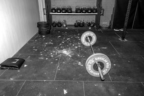 a room with a few antique weights