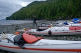 Multiple kayaks are lined up on a rocky shore with a person standing nearby. In the background, there is a dense forest extending into the hills beside a calm body of water under an overcast sky.