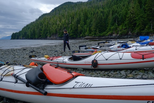 Multiple kayaks are lined up on a rocky shore with a person standing nearby. In the background, there is a dense forest extending into the hills beside a calm body of water under an overcast sky.